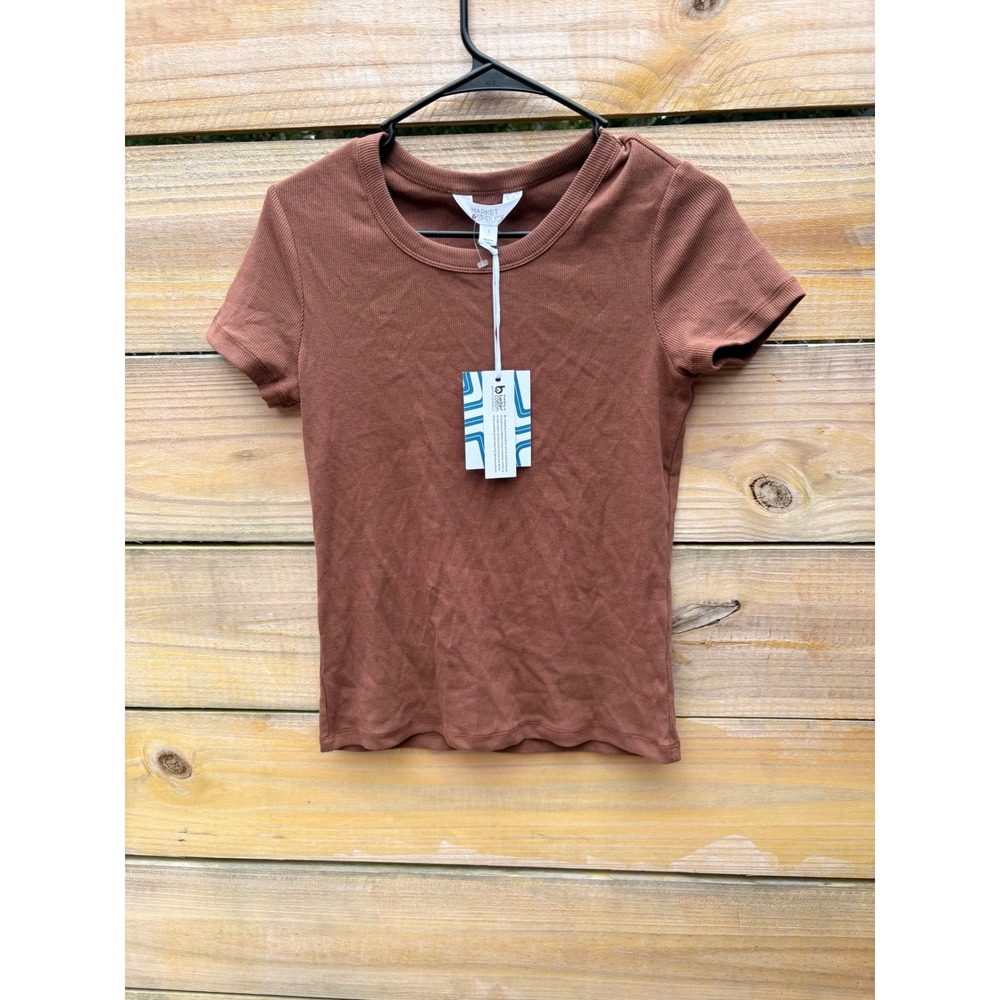 Market & Spruce Brown Ribbed Short Sleeve Crew Neck Tee WGK10090 Small NEW